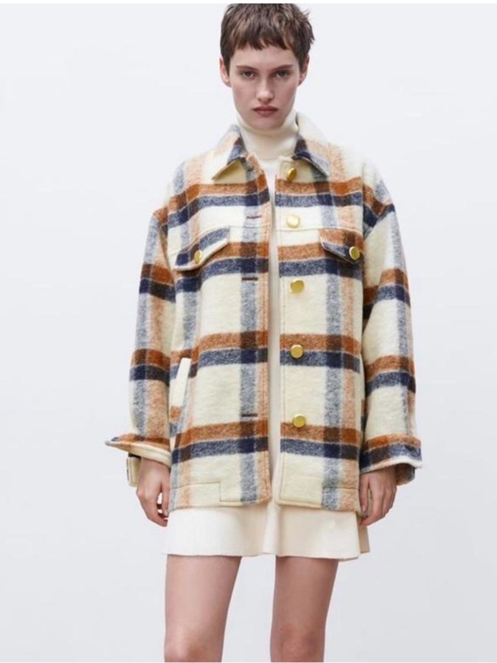 Zara Wool Blend Plaid Coat with Brown and Navy Stripe